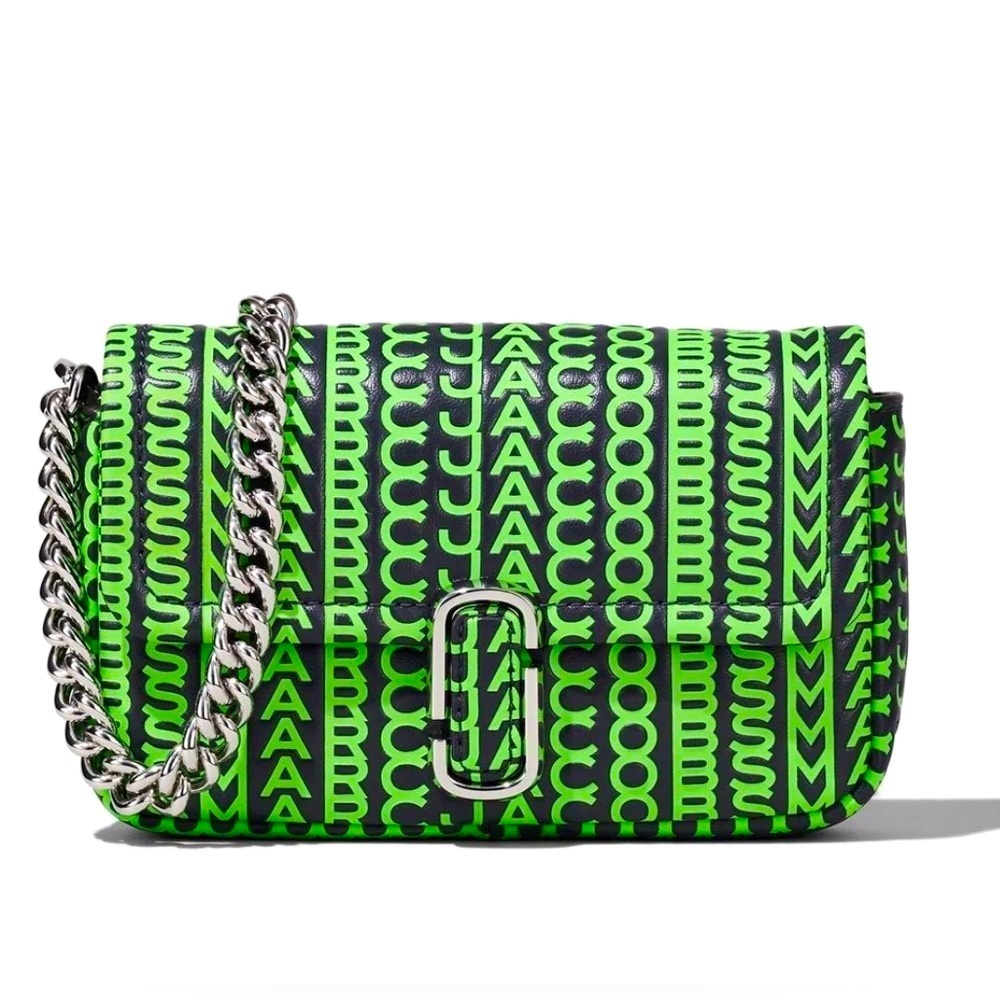 NEW MARC JACOBS Logo Monogram Leather Chain Strap Crossbody Dark Grey Green - Picture 3 of 9